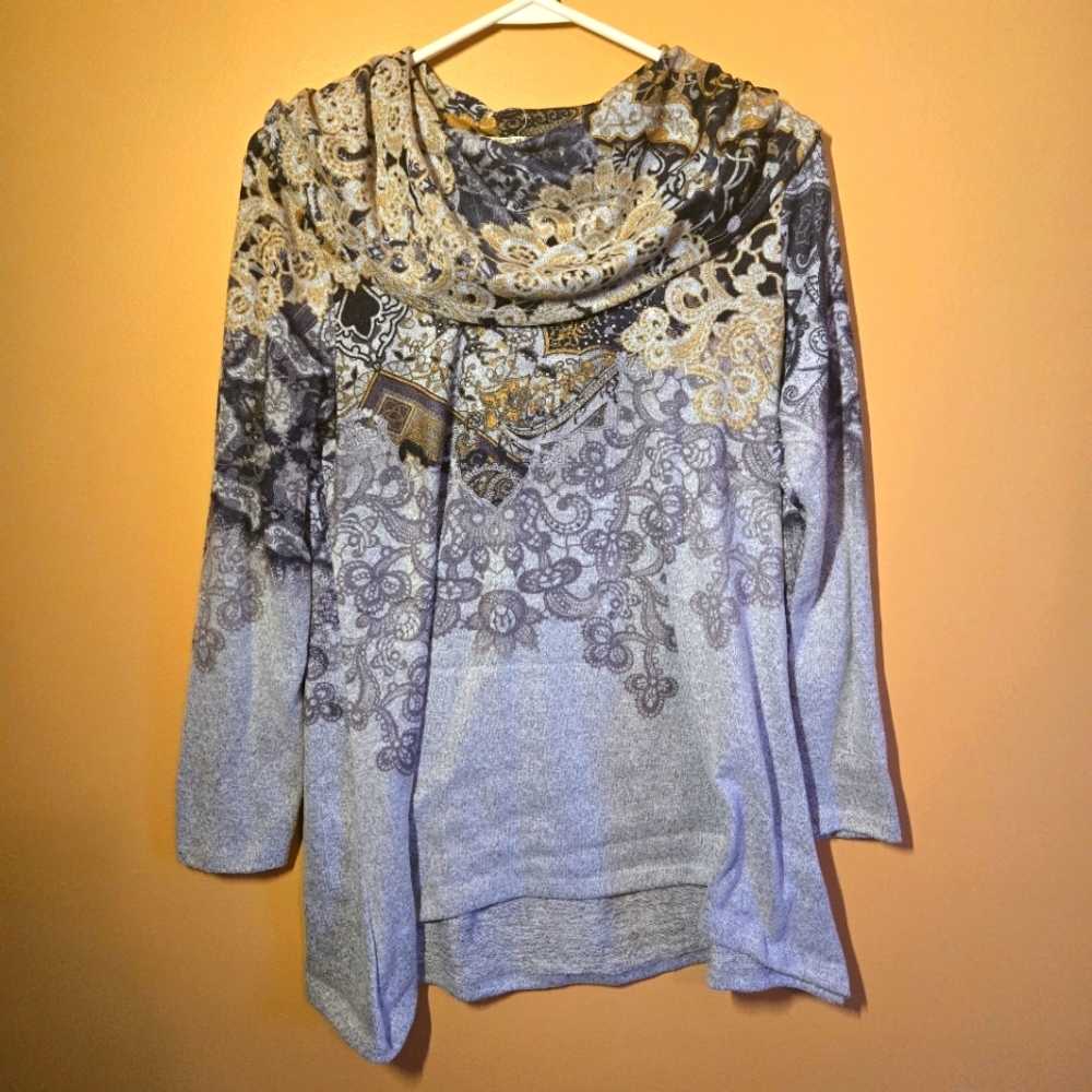One World Cowl Neck Paisley Top PTP=17.25"